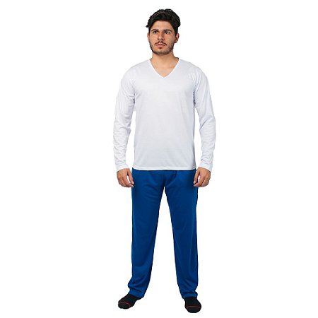 Conjunto Pijama Masculino Básico Manga Longa Branco e Azul