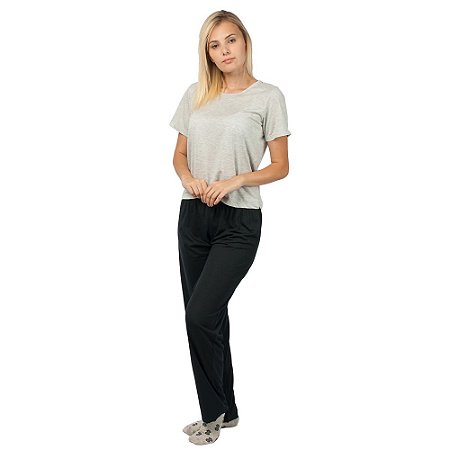 Pijama Feminino Manga Curta Básico Cinza e Preto