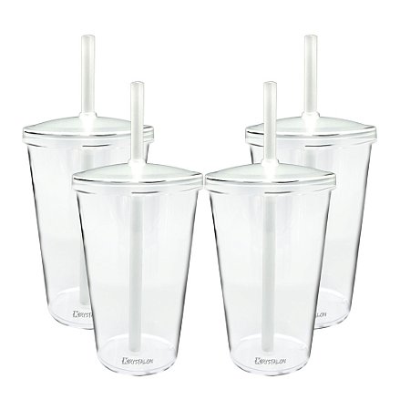 Jogo de Copos com Tampa e Canudo 550ml - Acrílico 4 Peças
