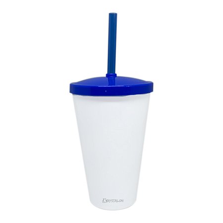 Copo Shake com Tampa Branco e Azul 550ml - Acrilico PS