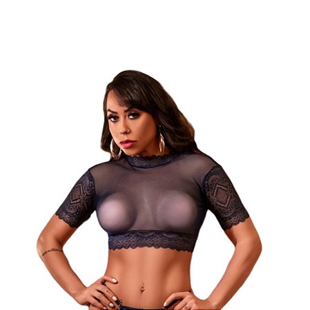 CROPPED EM TULE COM DETALHES EM RENDA YAFFA Y7051