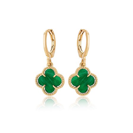 BRINCO ARGOLA TREVO VERDE ESMERALDA - BANHO DE OURO