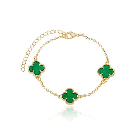 PULSEIRA TREVOS VERDE ESMERALDA - BANHO DE OURO