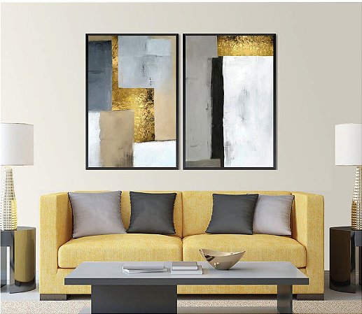 Dois Quadros - Abstrato Cinza e Dourado