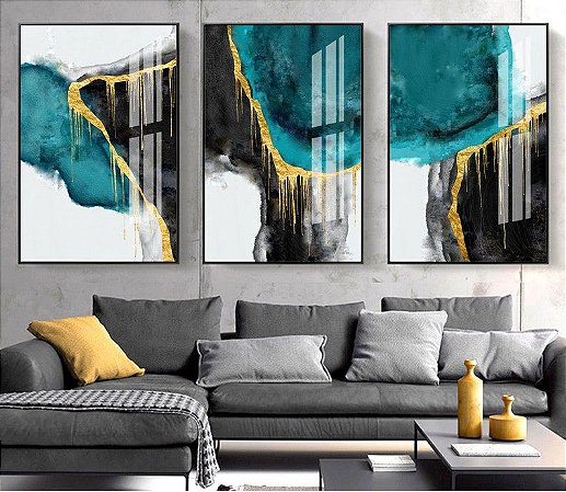 Quadros Decorativos Abstratos Azul, Dourado e Cinza