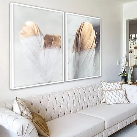 Quadros Decorativos Penas Brancas e Douradas