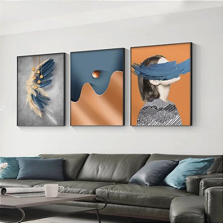 Trio de Quadros Decorativos Mulher e Borboleta