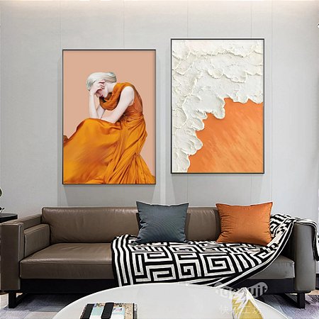Quadros Decorativos Mulher e Mar Laranja