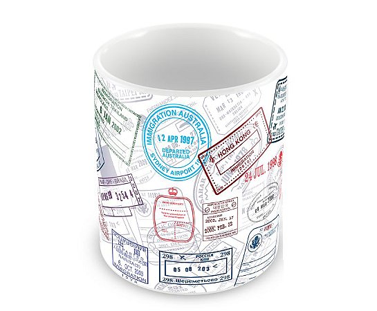 Caneca porcelana branca personalizada Carimbos viagem Wanderlust