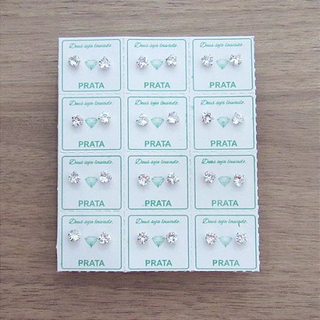 KIT COM 12 BRINCOS DE PRATA ZIRCONIA CORAÇÃO 5MM