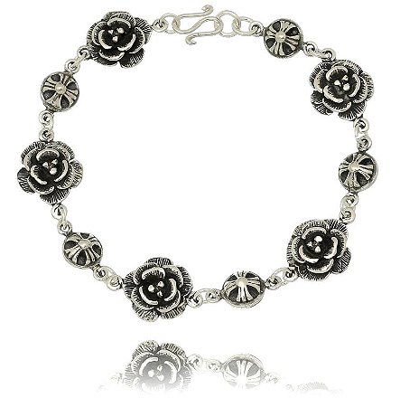 PULSEIRA DE PRATA DE BALI ROSAS E BOLINHAS