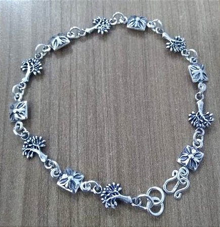 PULSEIRA DE PRATA DE BALI ÁRVORE DA VIDA E QUADRADINHOS STYLE