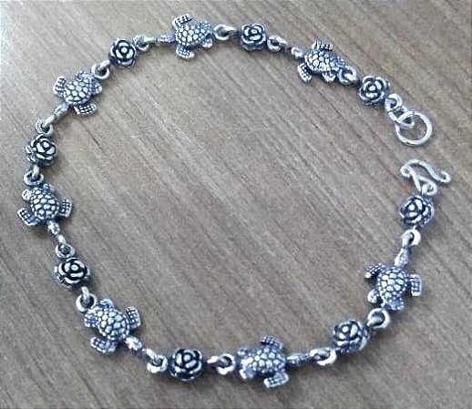 PULSEIRA DE PRATA DE BALI ROSINHAS E TARTARUGAS MARINHAS