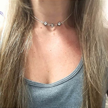 COLAR DE PRATA CHOKER LOSANGOS CRISTAL