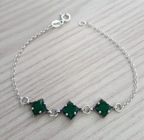 PULSEIRA DE PRATA PONTO DE LUZ QUADRADO VERDE ESMERALDA