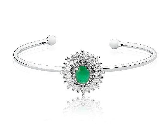 BRACELETE DE PRATA COM RÓDIO VERDE ESMERALDA OVAL E ZIRCÔNIAS