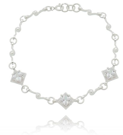 PULSEIRA DE PRATA LISA LOSANGO CRISTAL