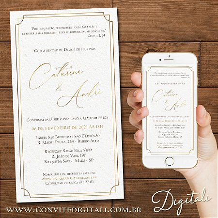 Convite de Casamento Clássico Clean Dourado - Arte Digital