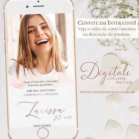 Convite Interativo com Link para Aniversário Rose Gold e Branco com Foto - Digital