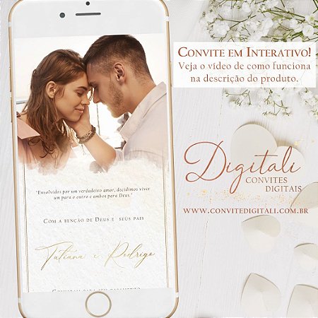 Convite Interativo com Link para Casamento Branco Verde e Dourado com Foto - Digital