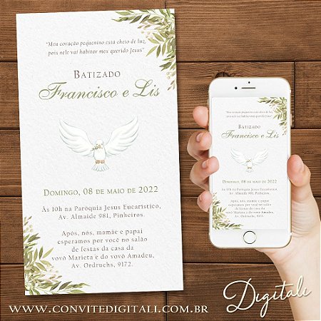 Convite Batizado Greenery Folhagem Aquarela - Arte Digital