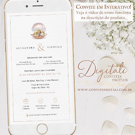 Convite Interativo com Link para Casamento Rose e Branco Concha Litoral - Digital