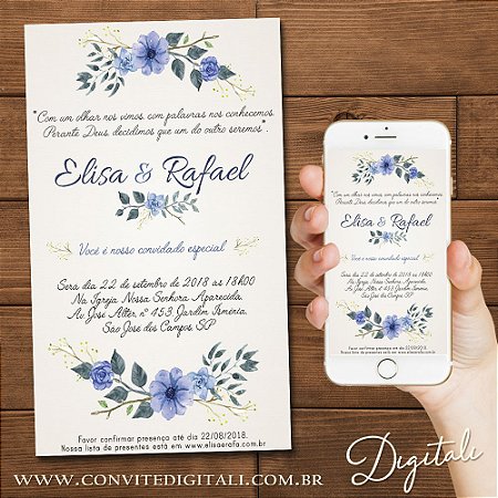 Convite Casamento Florido Azul - Arte Digital