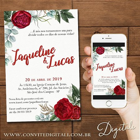 Convite Casamento Florido Vermelho - Arte Digital