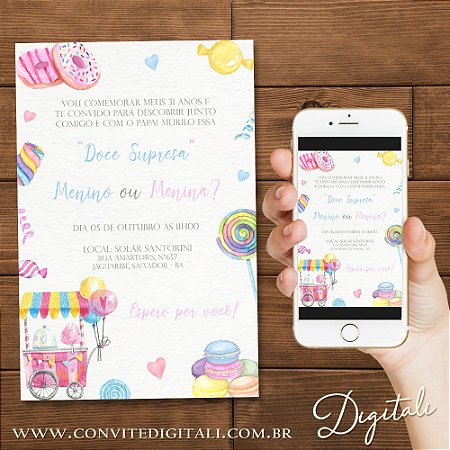 Convite Chá Revelação Doce Surpresa Candy Colors - Arte Digital