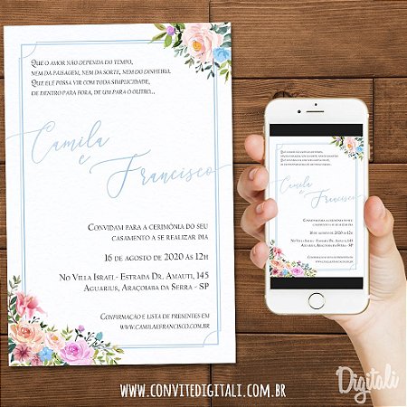 Convite Casamento Florido Colorido Aquarela - Arte Digital
