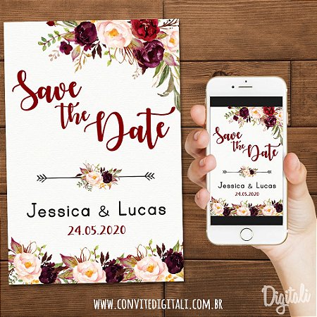 Save The Date Casamento Marsala Florido - Arte Digital