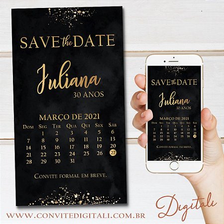 Save the date  Aniversário Preto e Dourado Elegante - Arte Digital