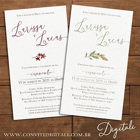 Convite Casamento Folhagem Greenery ou Marsala Aquarela - Arte Digital