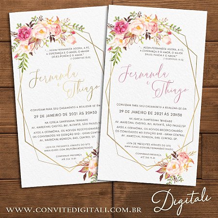 Convite Casamento Florido Rosa e Dourado - Arte Digital