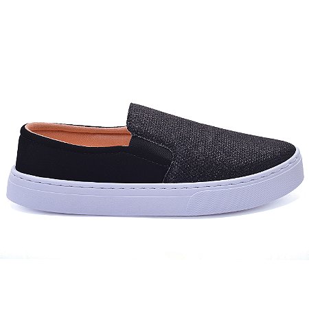 Tênis Feminino Slip On Nobuck Preto Brilho