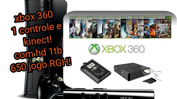 Xbox 360 DESTRAVADO com Kinect e um 1 controle HD 1TB COM 650 JOGOS E 20000  CLASSICOS RETRÔ atenção 110volts - Games Você Compra Venda Troca e  Assistência de games em geral