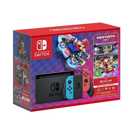 Nintendo Switch 32GB Neon com Mario Kart 8 Deluxe + 3 Meses de Assinatura Online