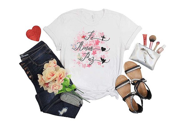 T-Shirt Feminina Evangélica Modelo baby look Fé, Paz e Amor