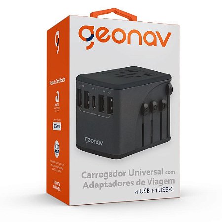 Carregador Universal Adaptadores de Viagem 4 USB + 1 USB-C GEONAV