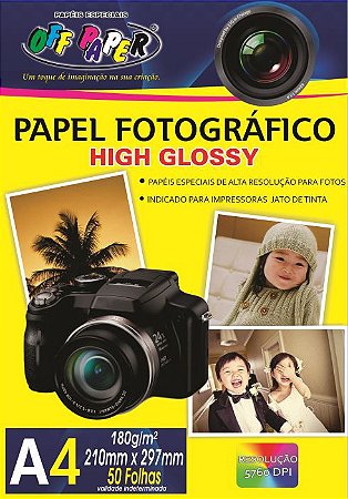 Papel Fotográfico High Glossy A4 - Jato de Tinta,  pacote 50fls., 180g/m2,  pacote 50fls.