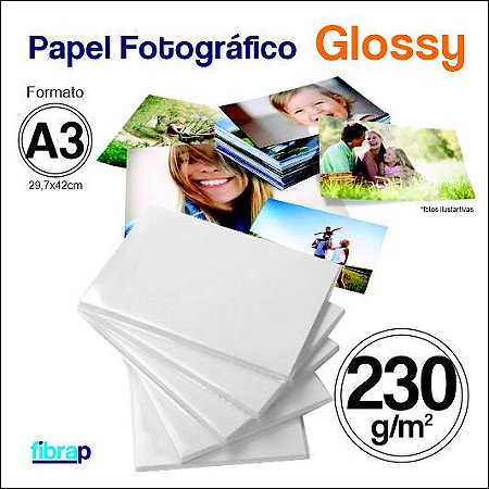 Papel Fotográfico Glossy A3 - Jato de Tinta, 230g/m2,  pacote 20fls.