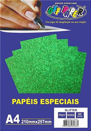 Papel Glitter Verde, 180g/m2,  pacote 5fls.