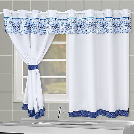 Cortina Para Cozinha 2,60m X 1,40m-Estampa Digital Laço Azul