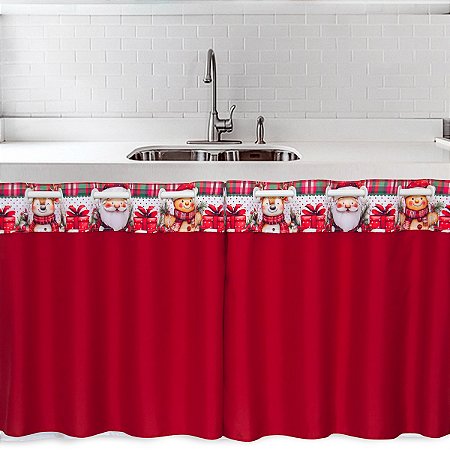 Cortina Para Pia/ Balcão/ Vitro 2,20m x 80cm Altura-  Digital Natal Noel Vermelho