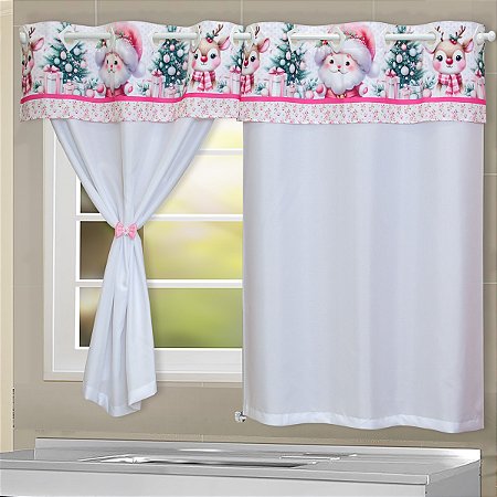 Cortina Cozinha C/ Bandô Decoração Natalina 2,20m x 1,20m - Natal Papai Noel Rosa