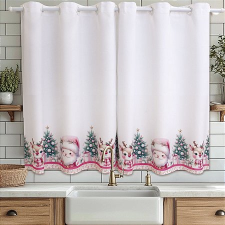 Cortina Cozinha Simples 2,20m x 1,40m - Coleção Natal Papai Noel Rosa