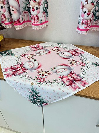 Toalha de Chá quadrada 0,60cm x 0,60cm - Estampa Digital Papai Noel Rosa