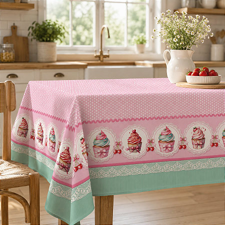Toalha de Mesa 4 Lugares 1,45m x 1,35m Estampa Cupcake Digital
