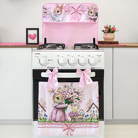 Kit Decoração Para Fogão 5 e 6 Bocas- Estampa Digital Páscoa Coelhinha