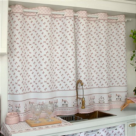 Cortina Simples 2,20m x 1,40m altura -Estampa Cottage Casinhas Rosê Digital